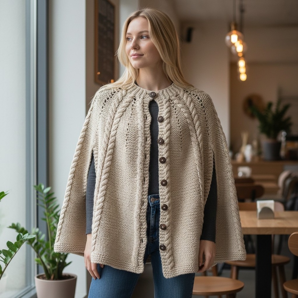 Vtg Hand Knit Cable Capelet Cream Chunky Poncho Sweater Wooden Buttons Esther